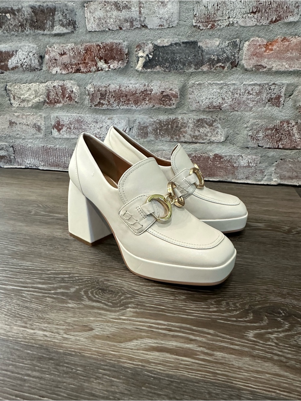 Lisa Vicky Cream Leather Platform Loafers Gold Chain Block Heel Square Toe Size7
